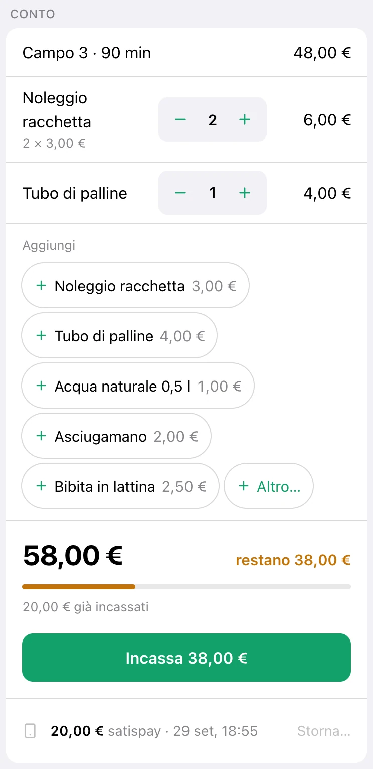 Il conto di una prenotazione con gli extra, il totale, gli incassi per metodo e il pulsante per incassare il resto