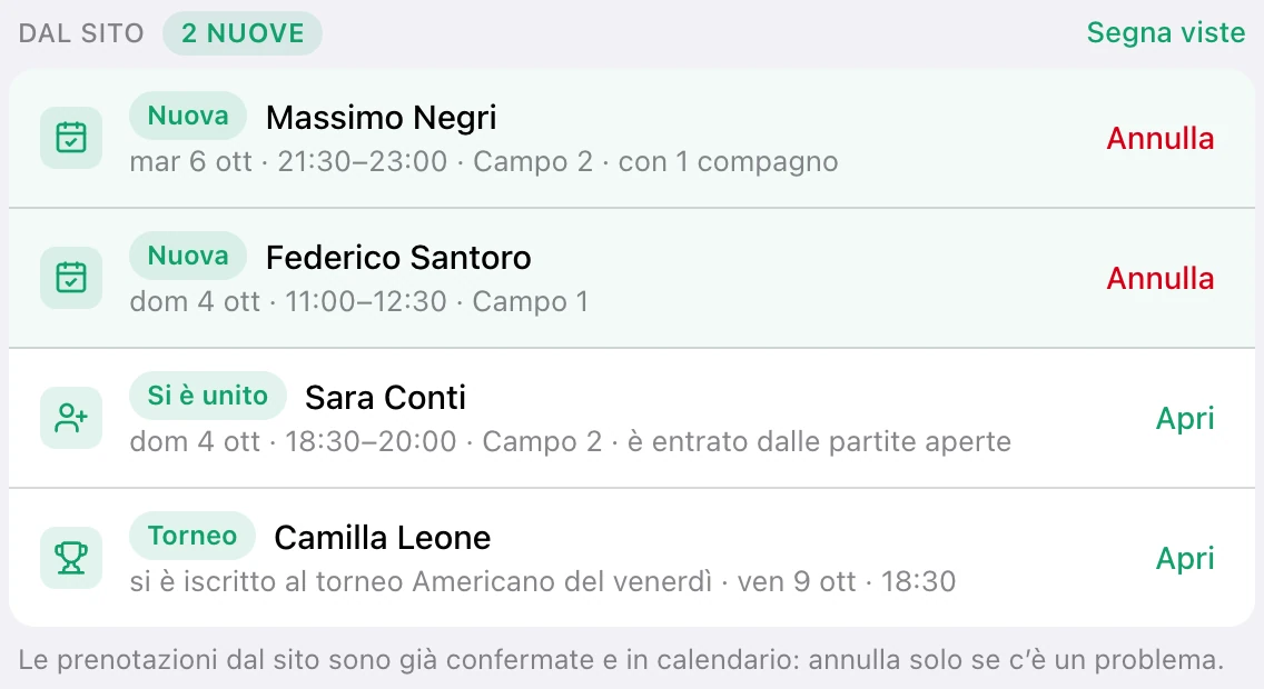 Le novità del gestionale: due prenotazioni arrivate dal sito, una partita aperta con un nuovo iscritto e l’iscrizione a un torneo