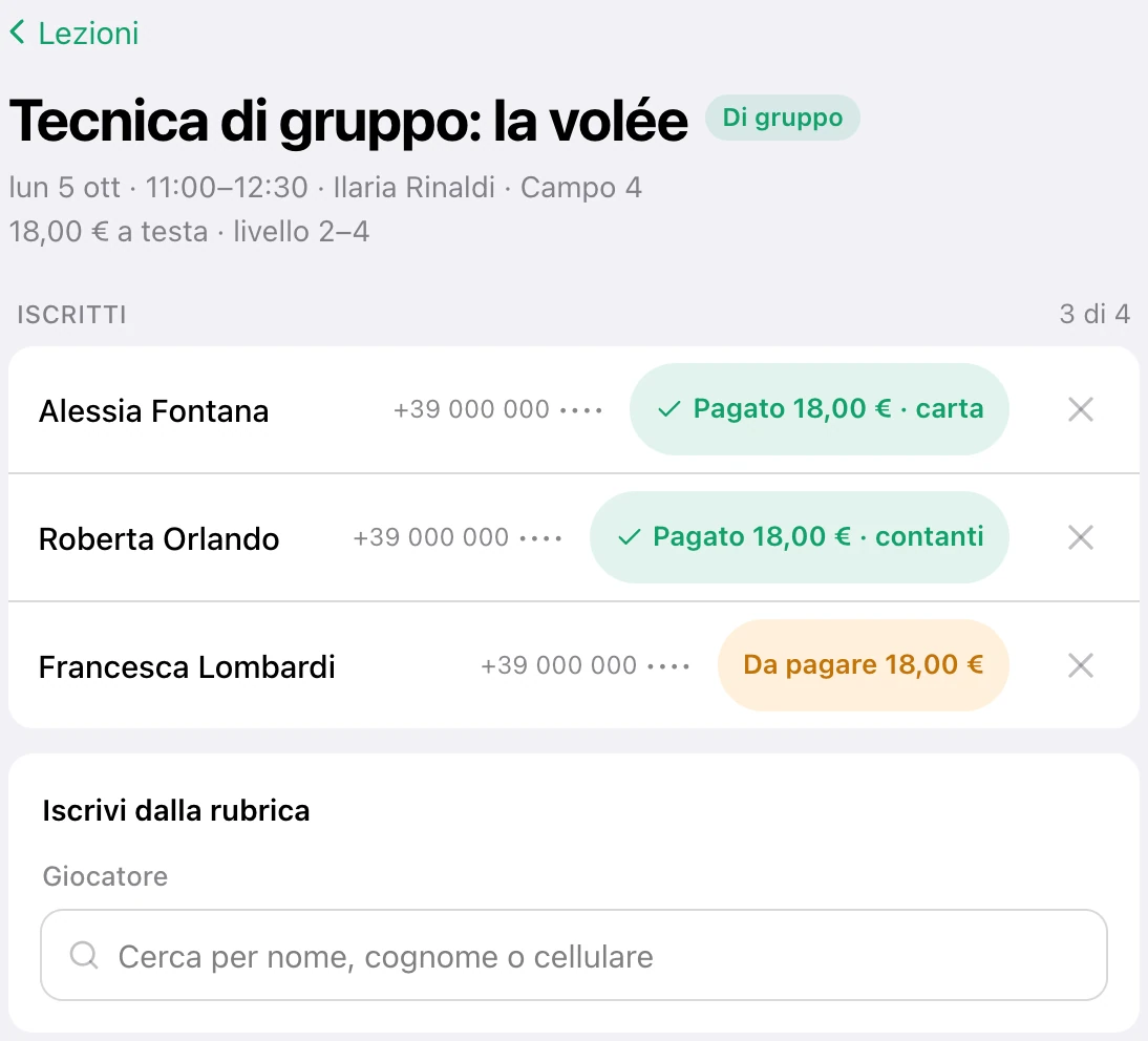 La scheda di una lezione di gruppo con gli iscritti, chi ha pagato e chi deve pagare