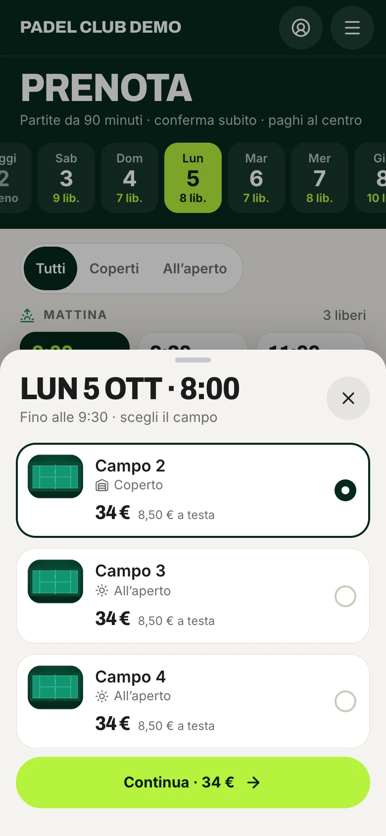 La scelta del campo, dopo aver toccato un orario libero