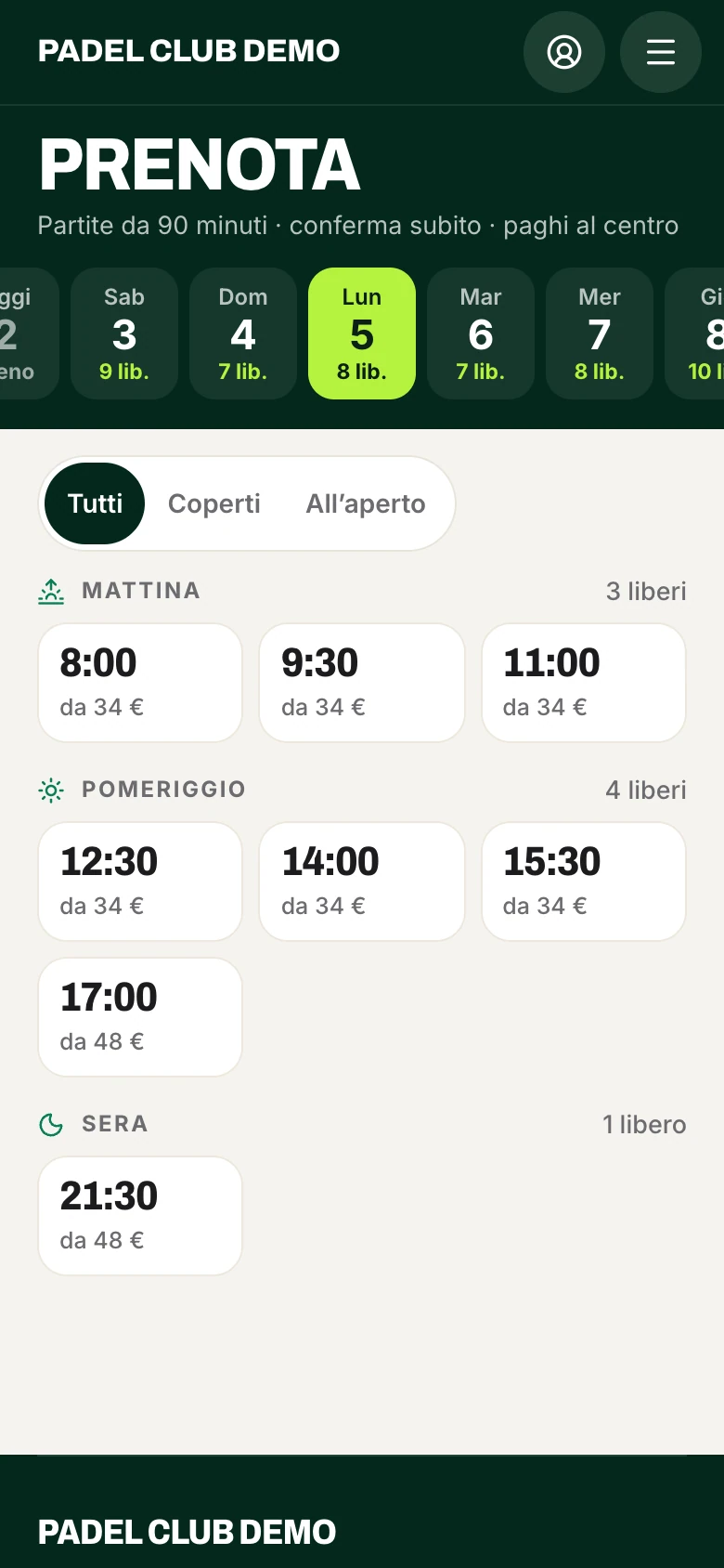 Il sito di prenotazione di un centro sul telefono: la scelta dell’orario libero